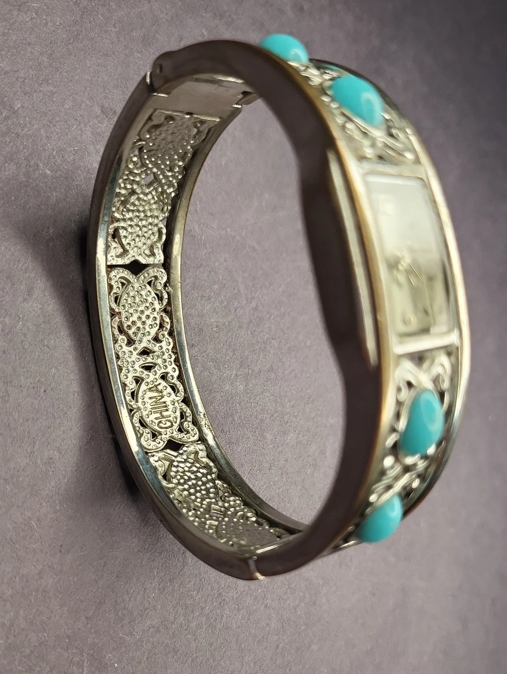 Turquoise Stone Silver-Tone Cuff Watch Bracelet